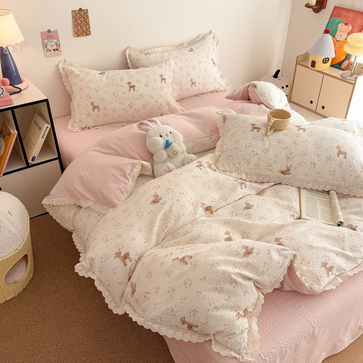 91家纺网 家纺一手货源 找家纺 吾欢心 2026春夏新款韩版纯棉花边泡芙双层纱四件套 遇见花开