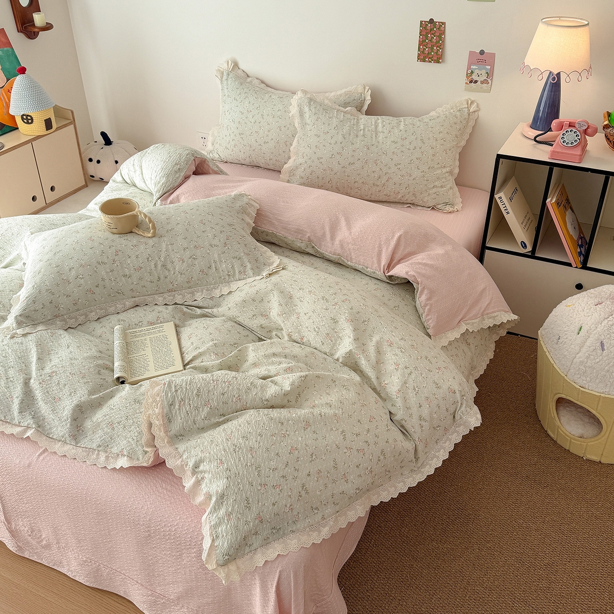 91家纺网 家纺一手货源 找家纺 吾欢心 2026春夏新款韩版纯棉花边泡芙双层纱四件套 茱莉叶