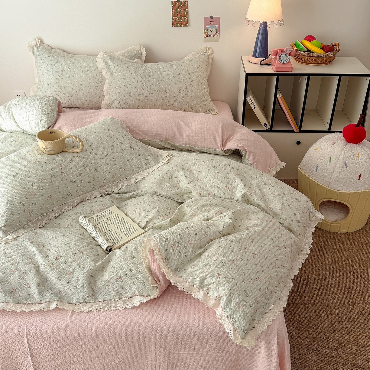 91家纺网 家纺一手货源 找家纺 吾欢心 2026春夏新款韩版纯棉花边泡芙双层纱四件套 茱莉叶