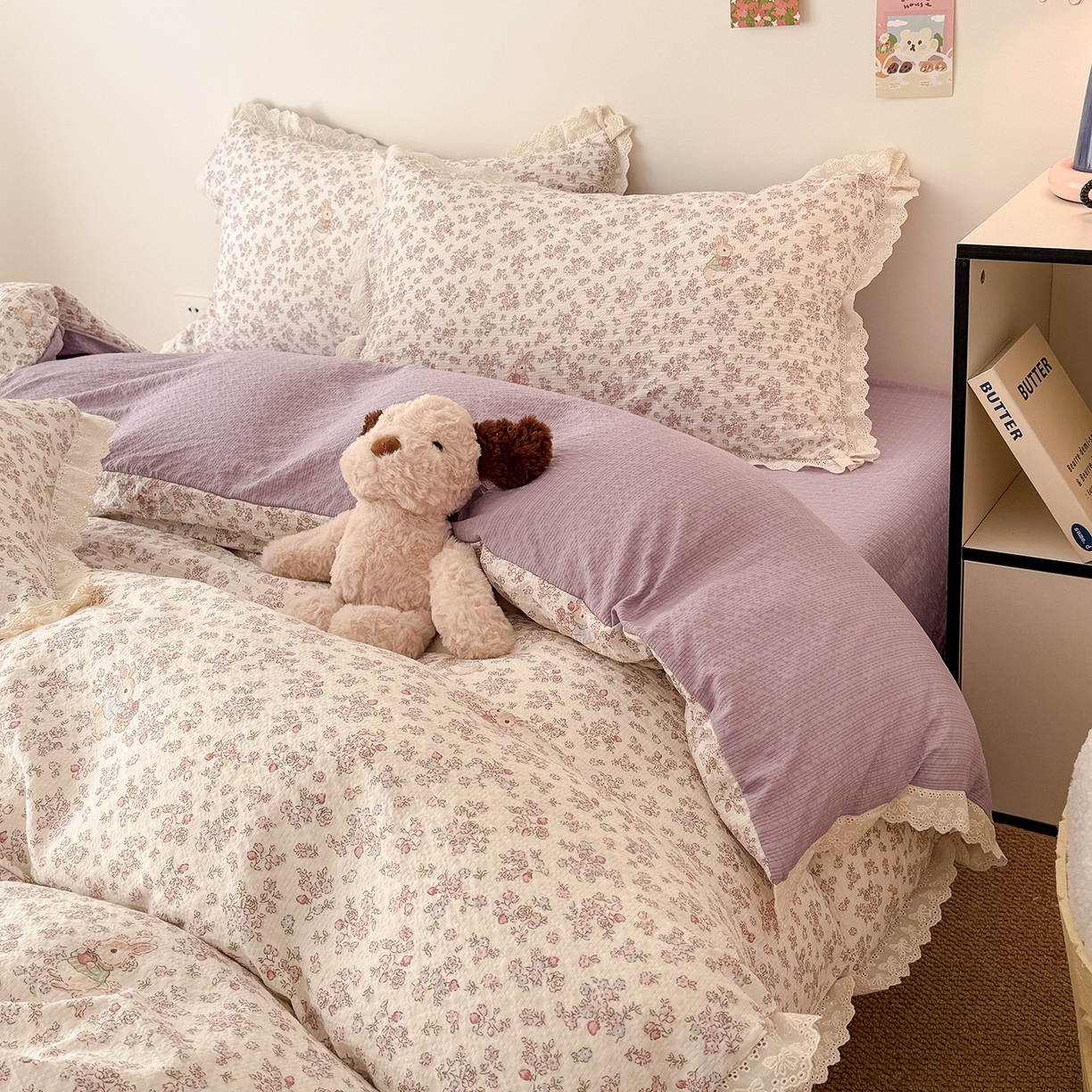 91家纺网 家纺一手货源 找家纺 吾欢心 2026春夏新款韩版纯棉花边泡芙双层纱四件套 花屿梦