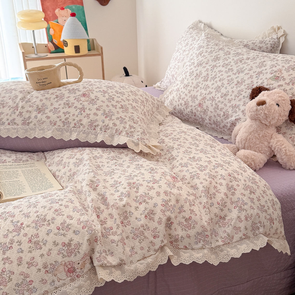 91家纺网 家纺一手货源 找家纺 吾欢心 2026春夏新款韩版纯棉花边泡芙双层纱四件套 花屿梦