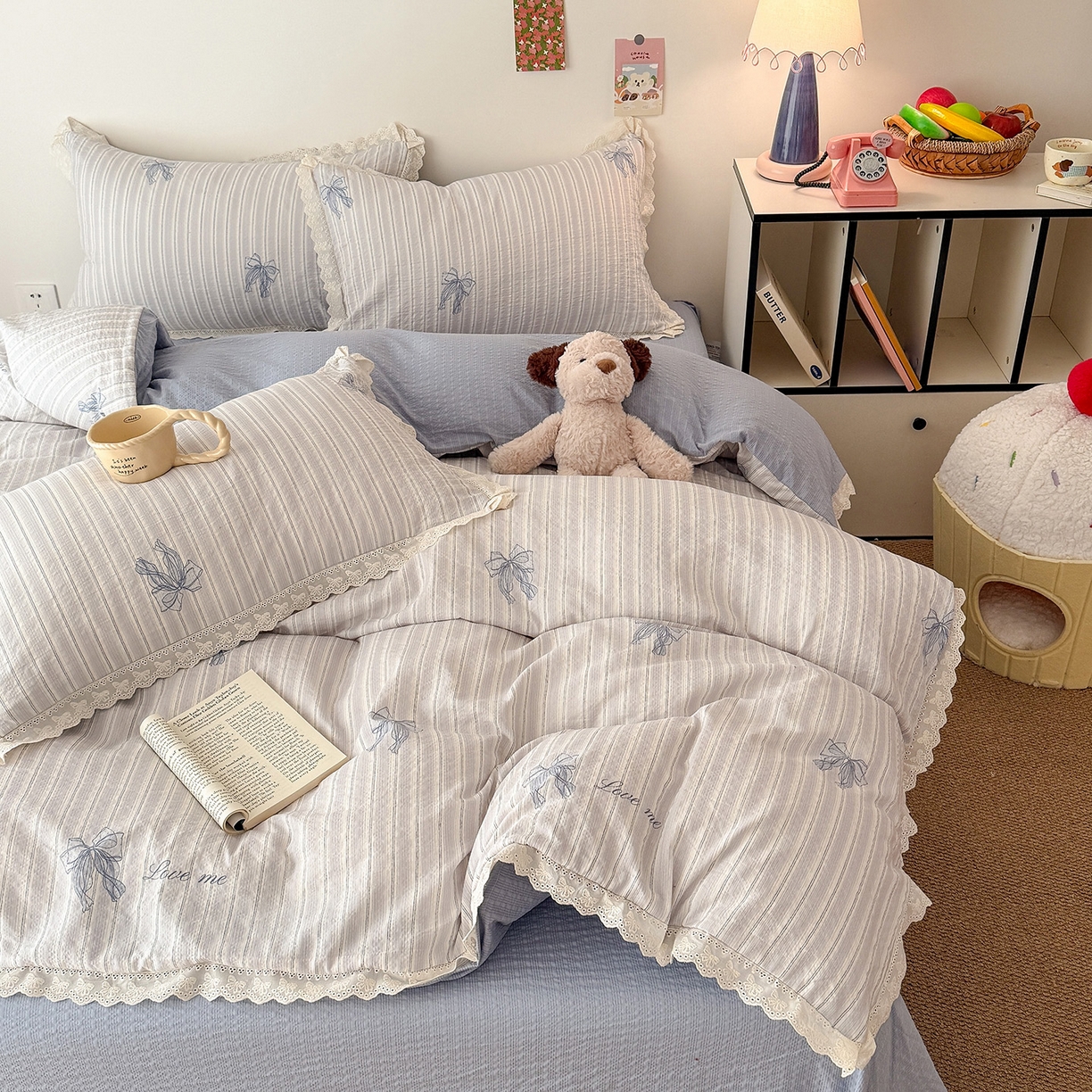 91家纺网 家纺一手货源 找家纺 吾欢心 2026春夏新款韩版纯棉花边泡芙双层纱四件套 甜美蝴蝶结