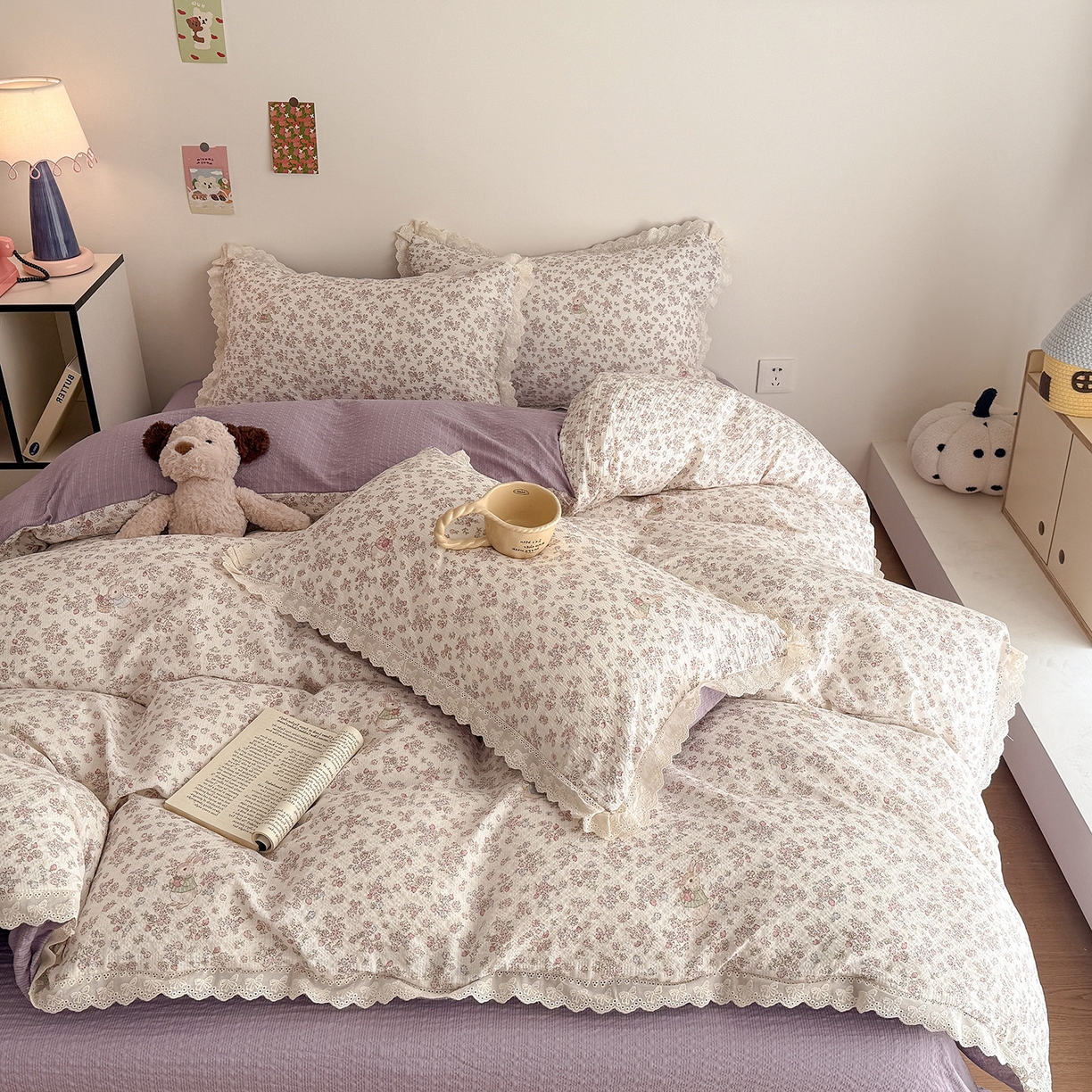 91家纺网 家纺一手货源 找家纺 吾欢心 2026春夏新款韩版纯棉花边泡芙双层纱四件套 花屿梦