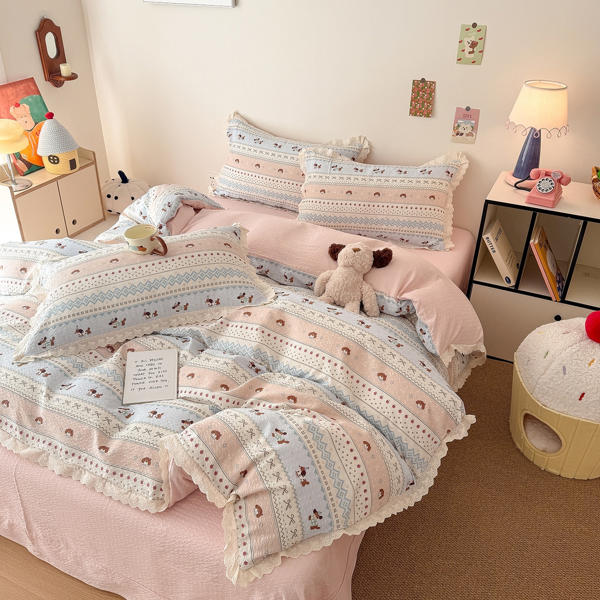 91家纺网 家纺一手货源 找家纺 吾欢心 2026春夏新款韩版纯棉花边泡芙双层纱四件套 费尔岛小狗