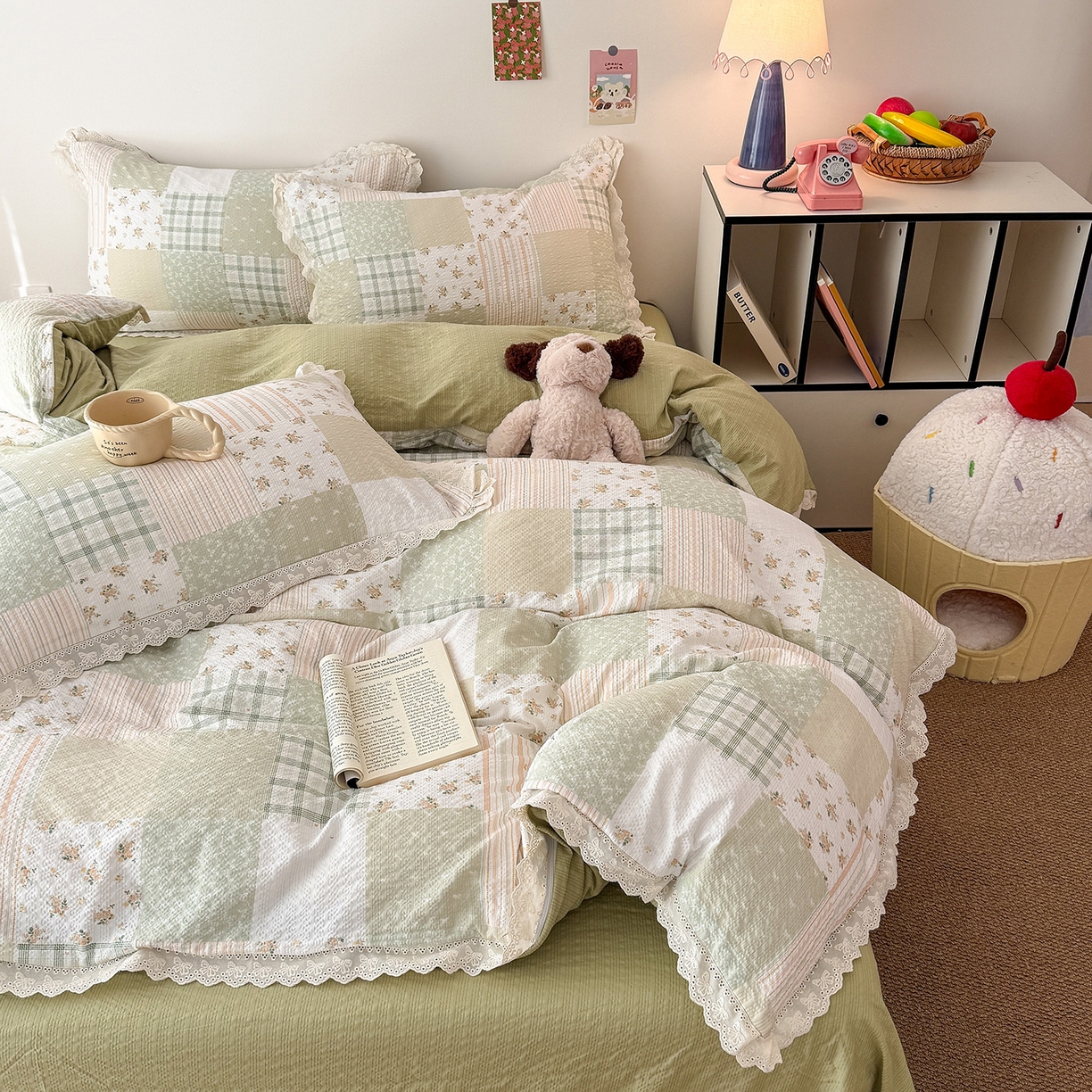 91家纺网 家纺一手货源 找家纺 吾欢心 2026春夏新款韩版纯棉花边泡芙双层纱四件套 春野