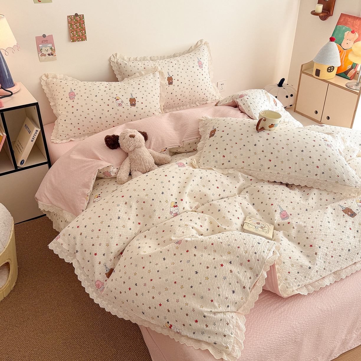 91家纺网 家纺一手货源 找家纺 吾欢心 2026春夏新款韩版纯棉花边泡芙双层纱四件套 喵星人