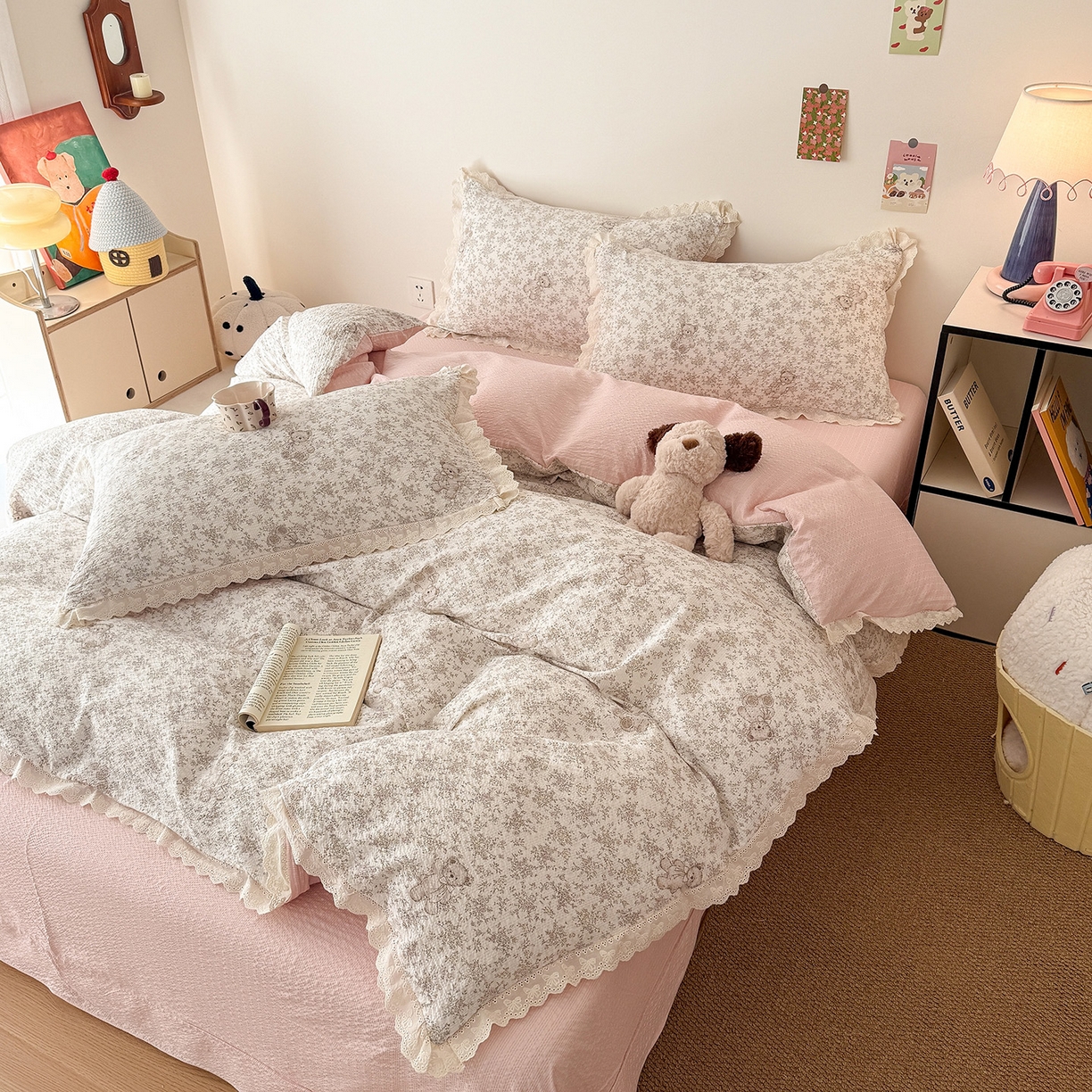 91家纺网 家纺一手货源 找家纺 吾欢心 2026春夏新款韩版纯棉花边泡芙双层纱四件套 白茶茉莉