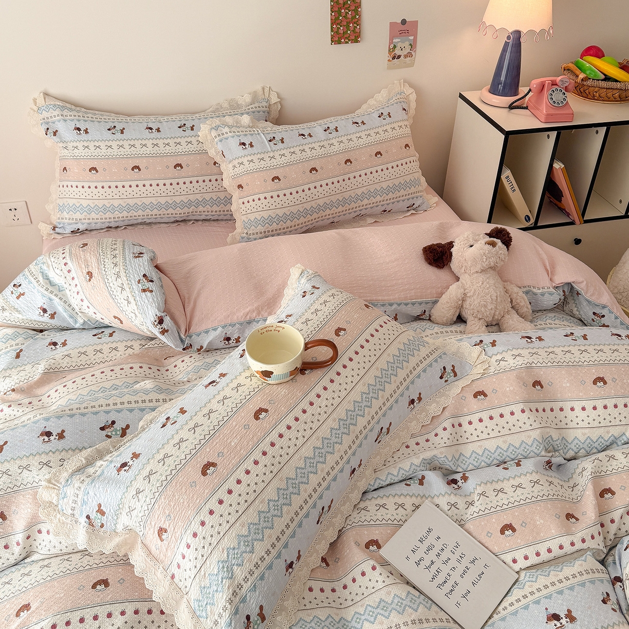 91家纺网 家纺一手货源 找家纺 吾欢心 2026春夏新款韩版纯棉花边泡芙双层纱四件套 费尔岛小狗