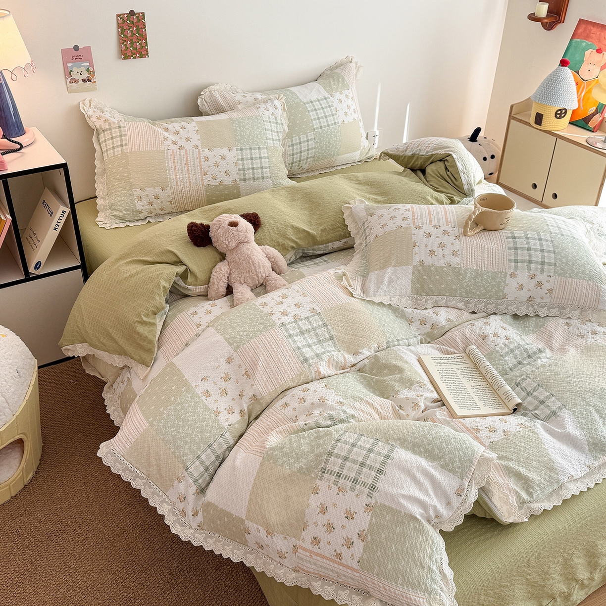 91家纺网 家纺一手货源 找家纺 吾欢心 2026春夏新款韩版纯棉花边泡芙双层纱四件套 春野