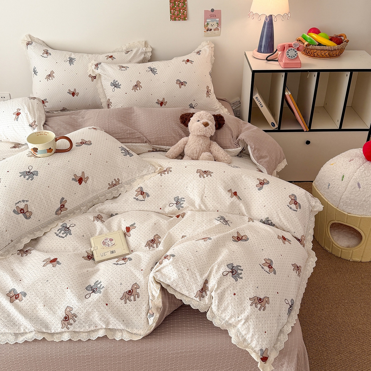 91家纺网 家纺一手货源 找家纺 吾欢心 2026春夏新款韩版纯棉花边泡芙双层纱四件套 元气木马