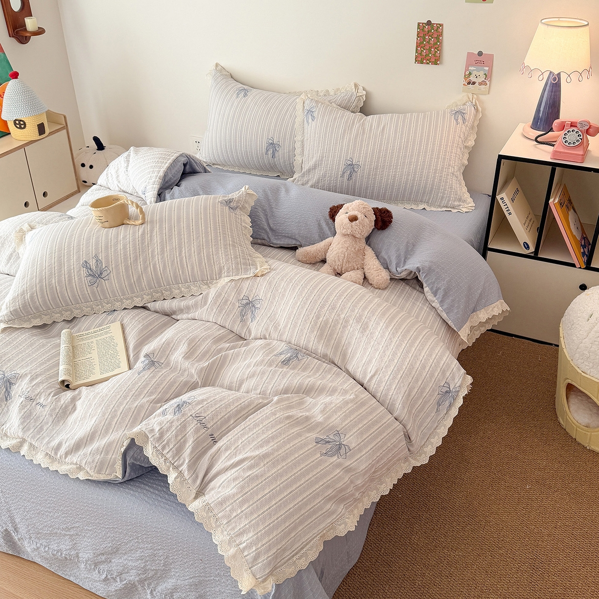 91家纺网 家纺一手货源 找家纺 吾欢心 2026春夏新款韩版纯棉花边泡芙双层纱四件套 甜美蝴蝶结