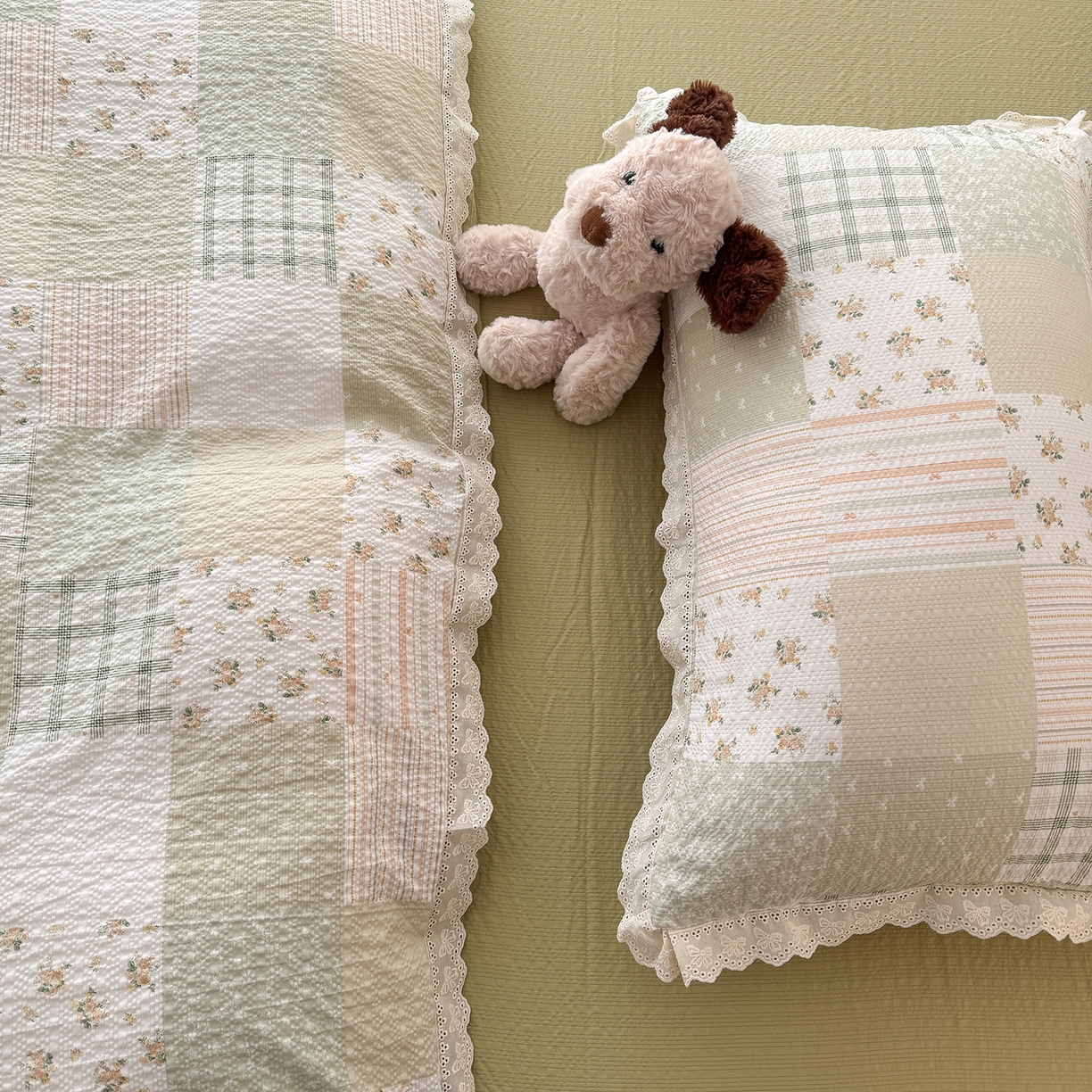 91家纺网 家纺一手货源 找家纺 吾欢心 2026春夏新款韩版纯棉花边泡芙双层纱四件套 春野