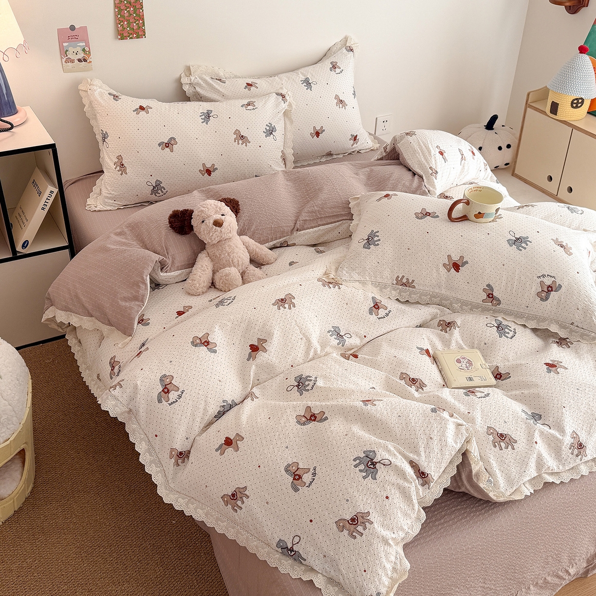 91家纺网 家纺一手货源 找家纺 吾欢心 2026春夏新款韩版纯棉花边泡芙双层纱四件套 元气木马