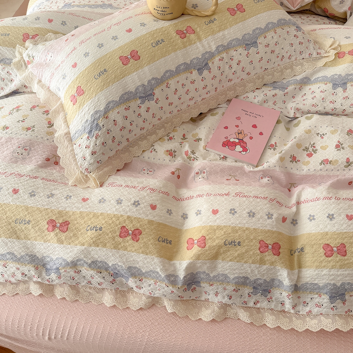 91家纺网 家纺一手货源 找家纺 吾欢心 2026春夏新款韩版纯棉花边泡芙双层纱四件套 费尔岛小兔