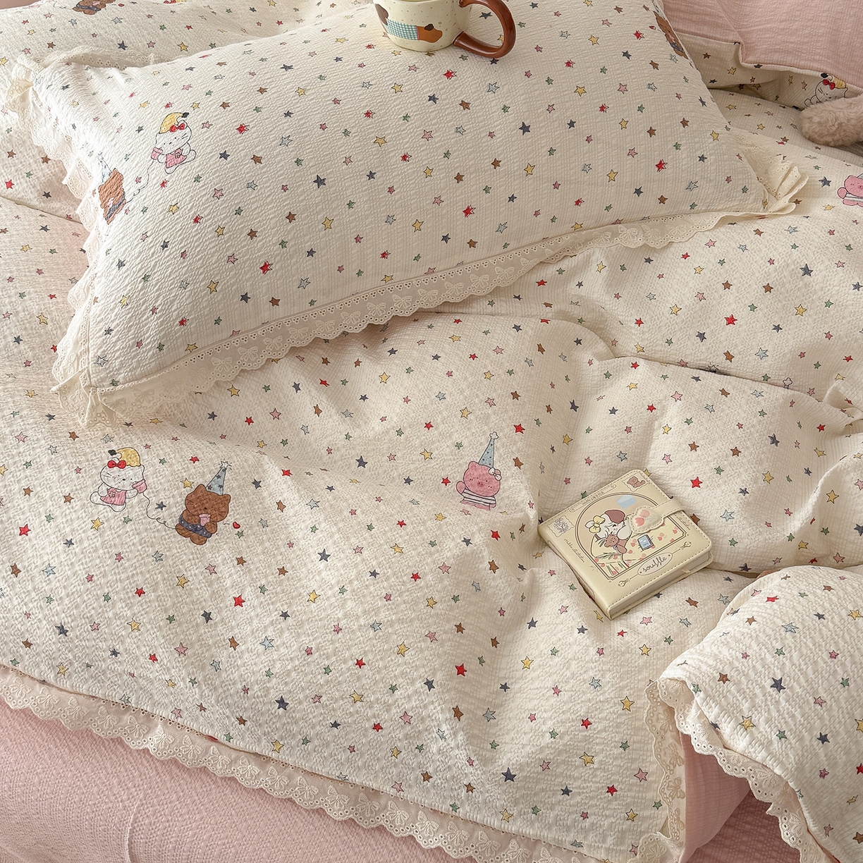 91家纺网 家纺一手货源 找家纺 吾欢心 2026春夏新款韩版纯棉花边泡芙双层纱四件套 喵星人