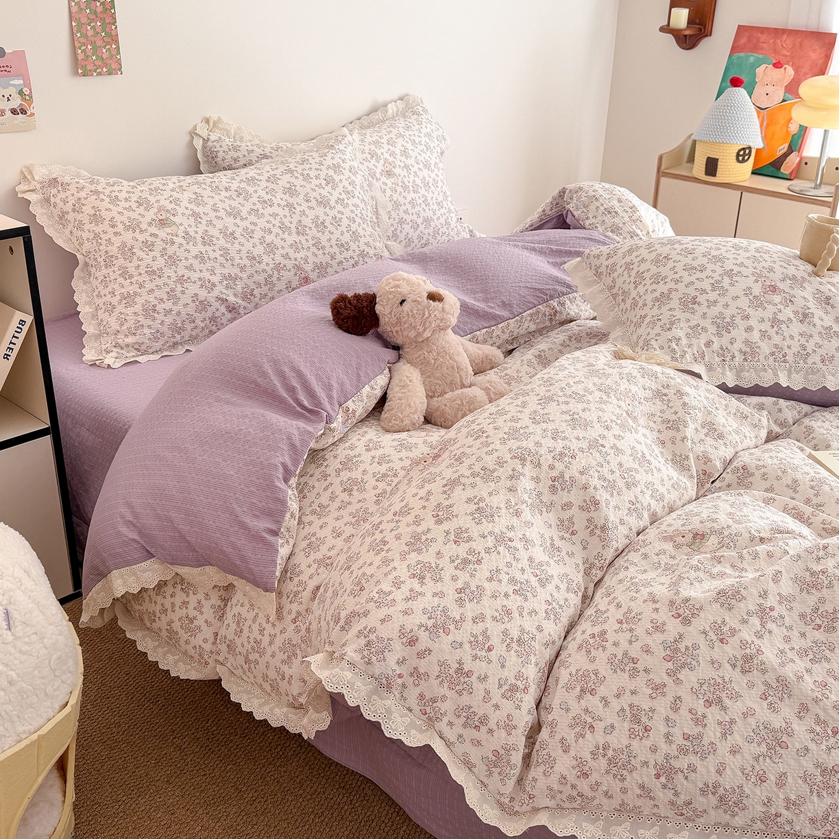 91家纺网 家纺一手货源 找家纺 吾欢心 2026春夏新款韩版纯棉花边泡芙双层纱四件套 花屿梦