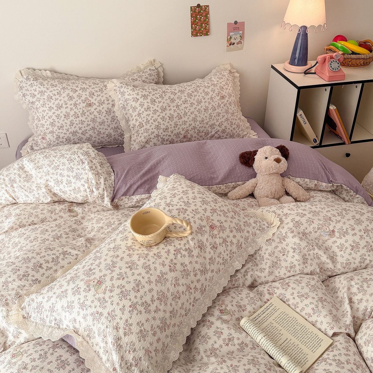 91家纺网 家纺一手货源 找家纺 吾欢心 2026春夏新款韩版纯棉花边泡芙双层纱四件套 花屿梦