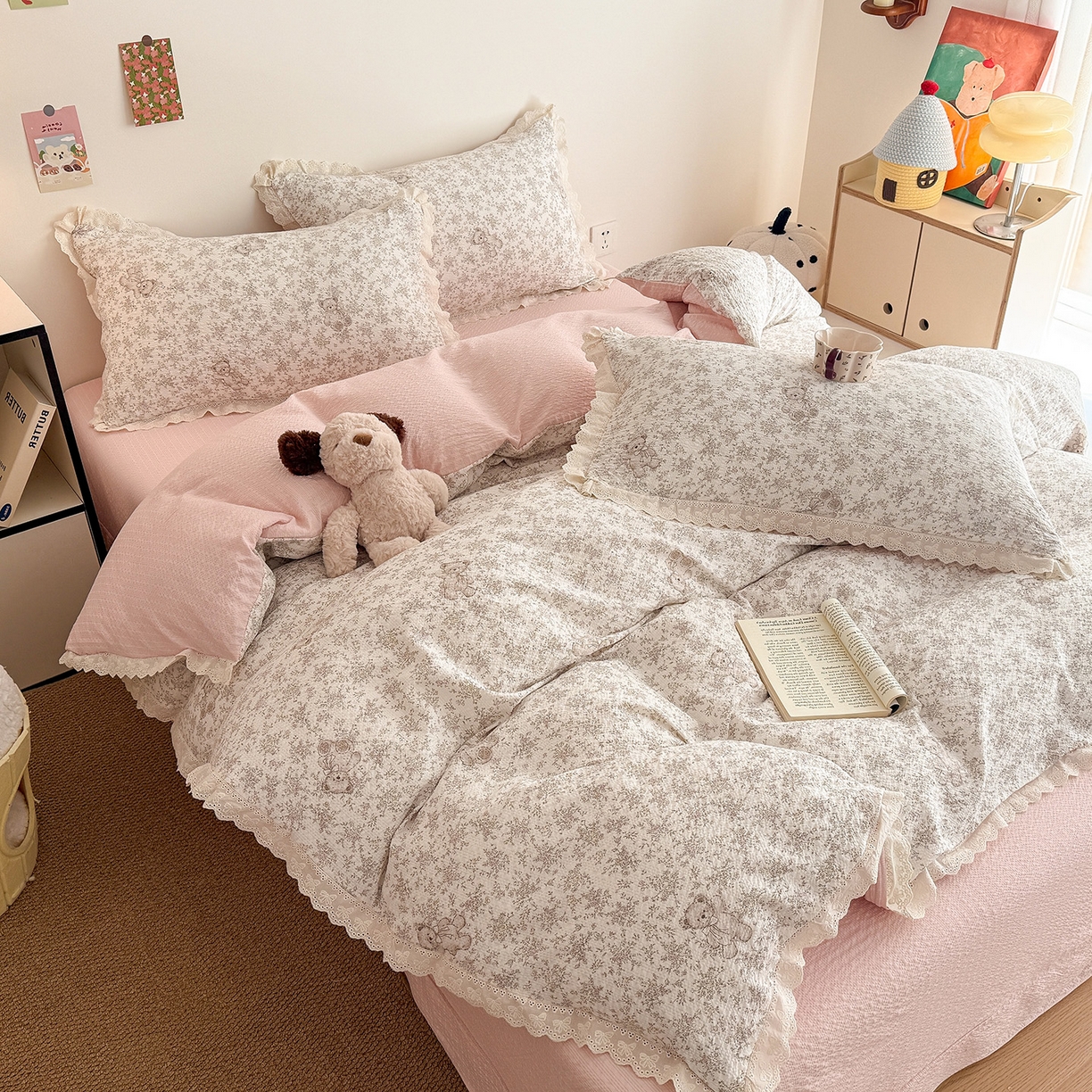 91家纺网 家纺一手货源 找家纺 吾欢心 2026春夏新款韩版纯棉花边泡芙双层纱四件套 白茶茉莉