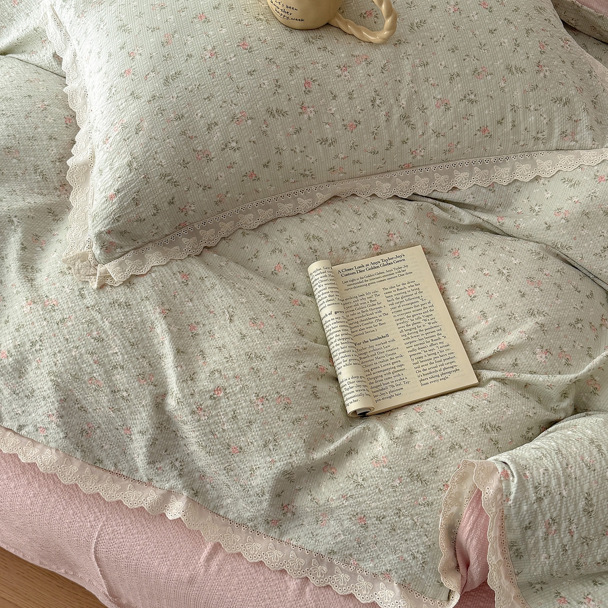 91家纺网 家纺一手货源 找家纺 吾欢心 2026春夏新款韩版纯棉花边泡芙双层纱四件套 茱莉叶