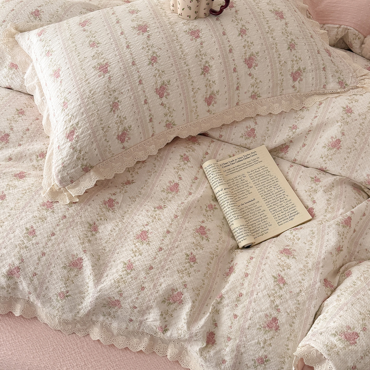 91家纺网 家纺一手货源 找家纺 吾欢心 2026春夏新款韩版纯棉花边泡芙双层纱四件套 芳华