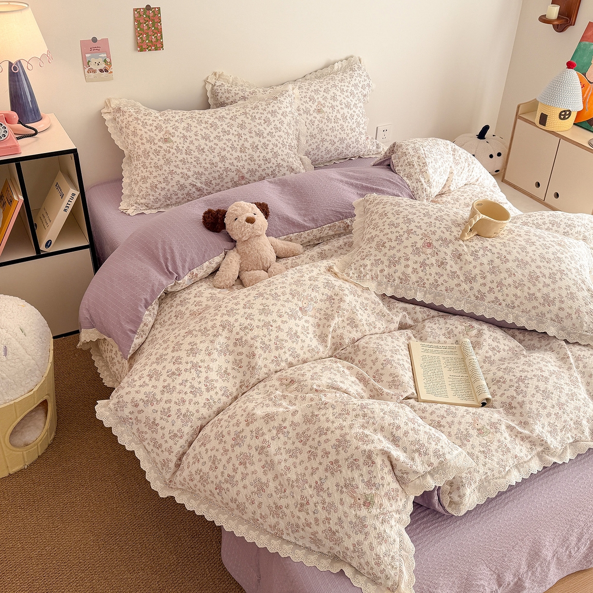 91家纺网 家纺一手货源 找家纺 吾欢心 2026春夏新款韩版纯棉花边泡芙双层纱四件套 花屿梦