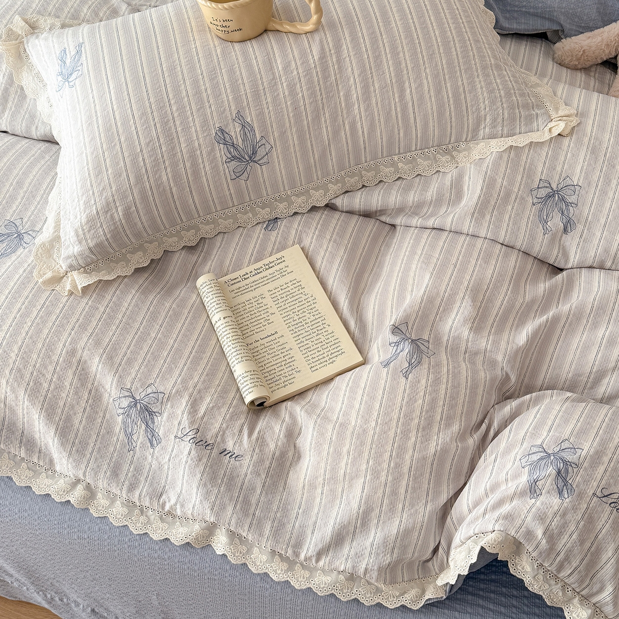 91家纺网 家纺一手货源 找家纺 吾欢心 2026春夏新款韩版纯棉花边泡芙双层纱四件套 甜美蝴蝶结