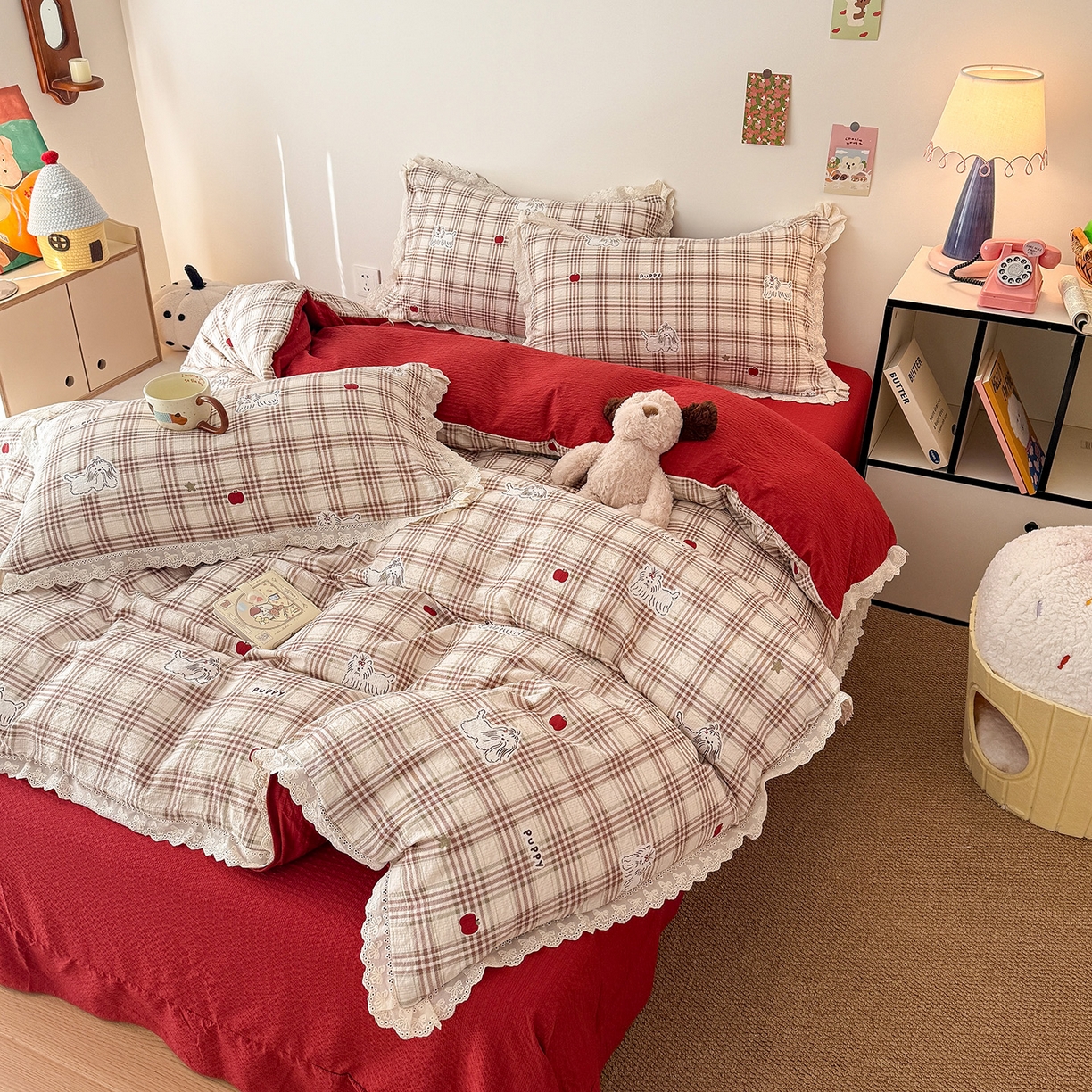 91家纺网 家纺一手货源 找家纺 吾欢心 2026春夏新款韩版纯棉花边泡芙双层纱四件套 呆萌狗狗