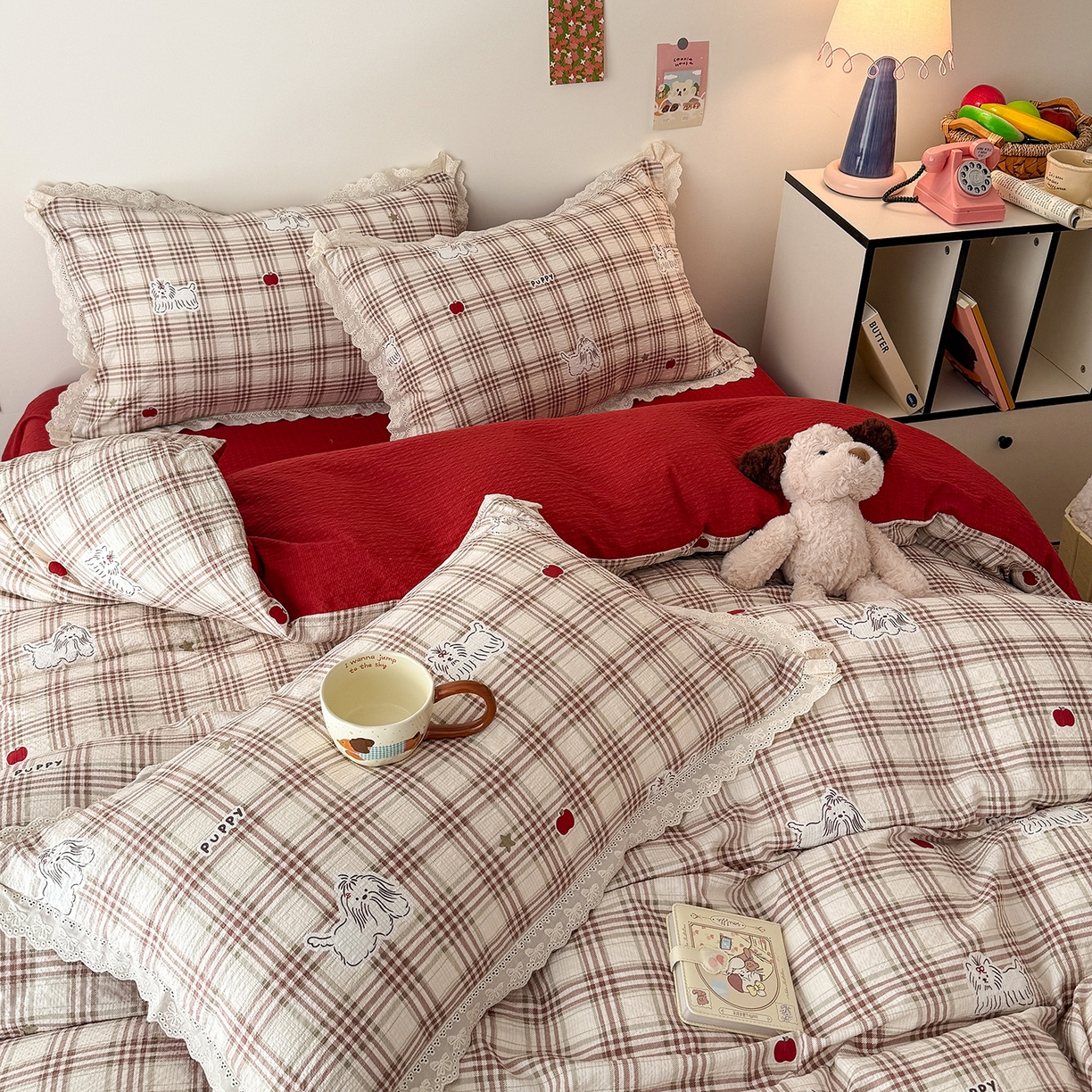 91家纺网 家纺一手货源 找家纺 吾欢心 2026春夏新款韩版纯棉花边泡芙双层纱四件套 呆萌狗狗