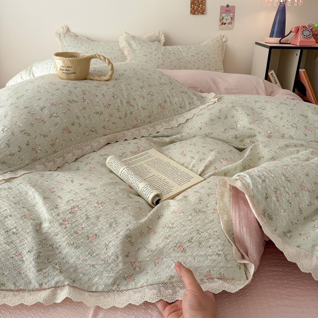 91家纺网 家纺一手货源 找家纺 吾欢心 2026春夏新款韩版纯棉花边泡芙双层纱四件套 茱莉叶