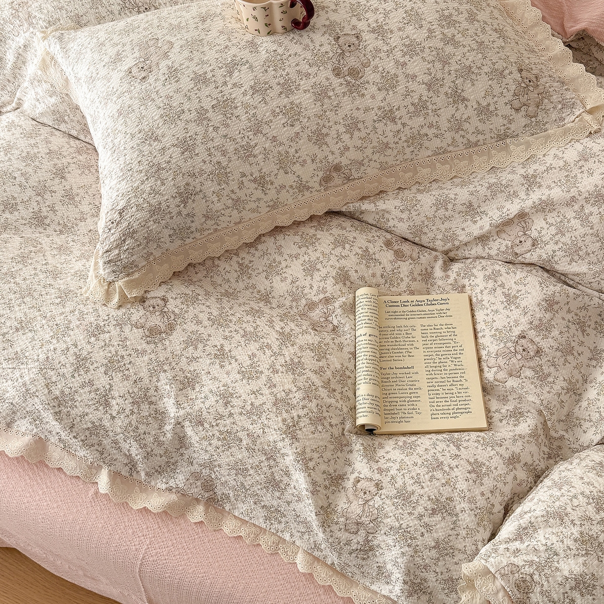 91家纺网 家纺一手货源 找家纺 吾欢心 2026春夏新款韩版纯棉花边泡芙双层纱四件套 白茶茉莉