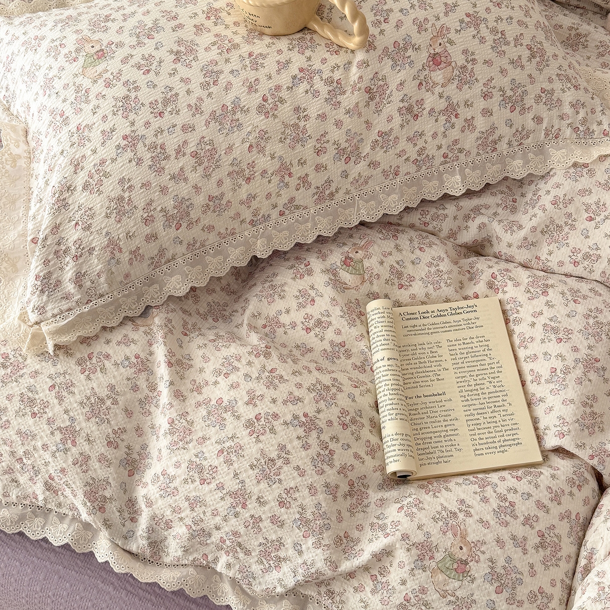 91家纺网 家纺一手货源 找家纺 吾欢心 2026春夏新款韩版纯棉花边泡芙双层纱四件套 花屿梦