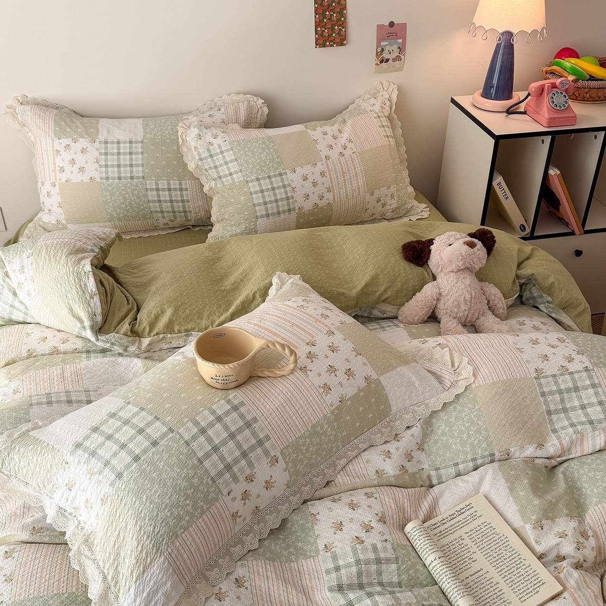 91家纺网 家纺一手货源 找家纺 吾欢心 2026春夏新款韩版纯棉花边泡芙双层纱四件套 春野