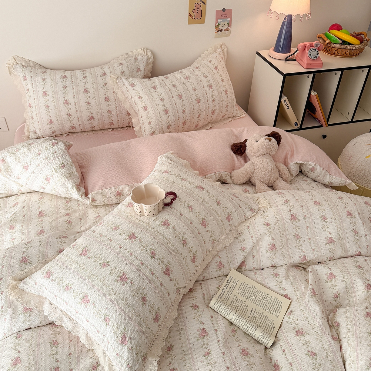 91家纺网 家纺一手货源 找家纺 吾欢心 2026春夏新款韩版纯棉花边泡芙双层纱四件套 芳华