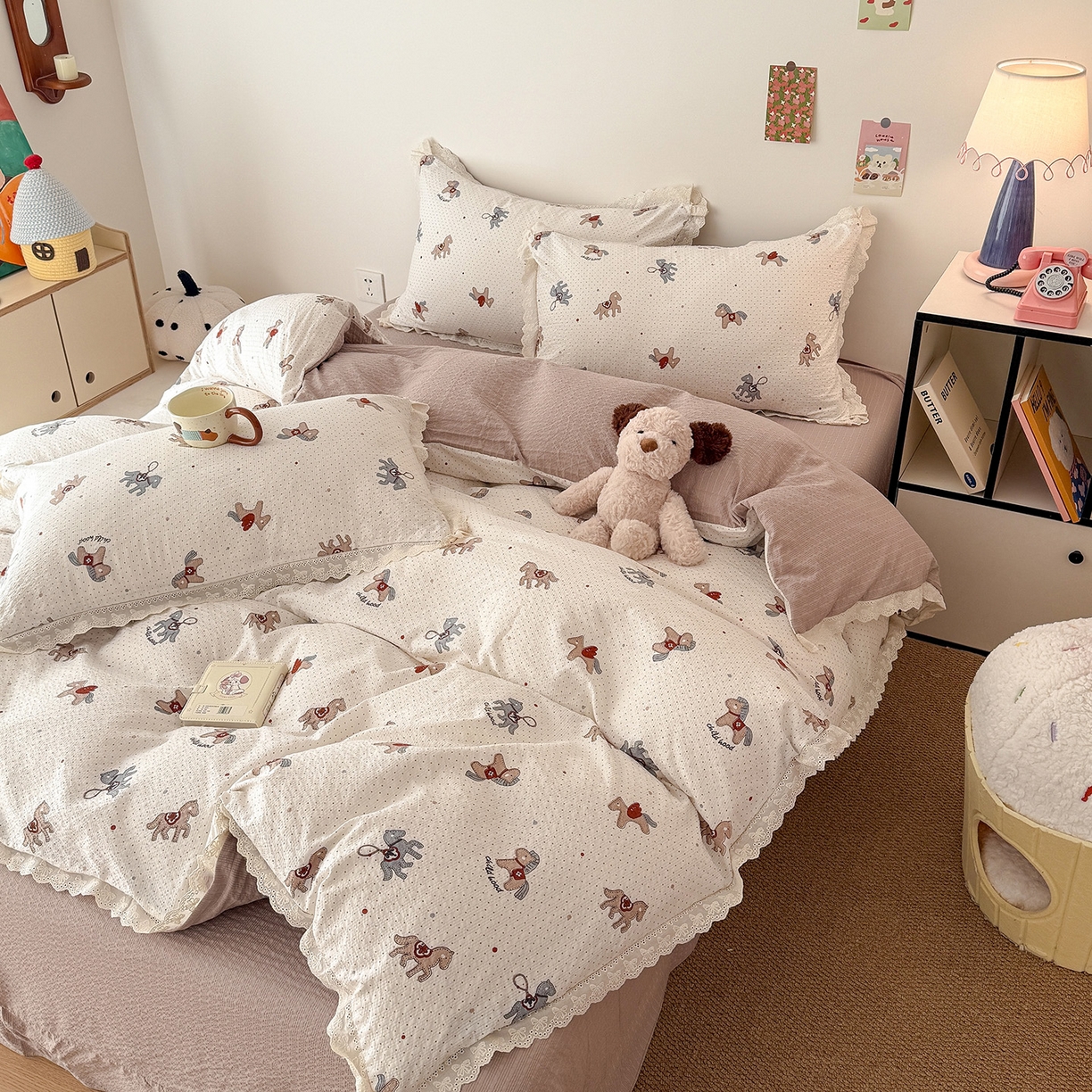 91家纺网 家纺一手货源 找家纺 吾欢心 2026春夏新款韩版纯棉花边泡芙双层纱四件套 元气木马