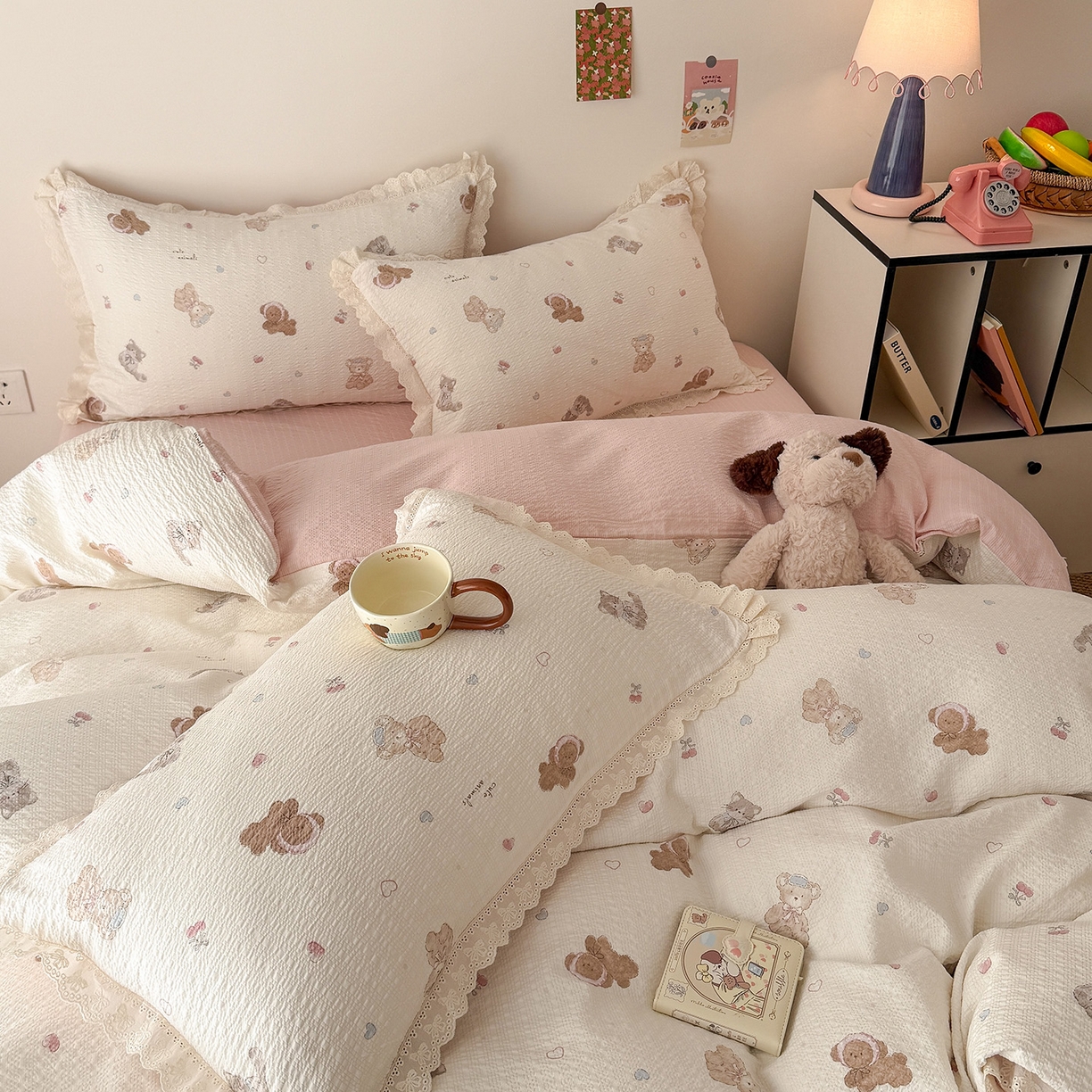 91家纺网 家纺一手货源 找家纺 吾欢心 2026春夏新款韩版纯棉花边泡芙双层纱四件套 萌宠宝贝