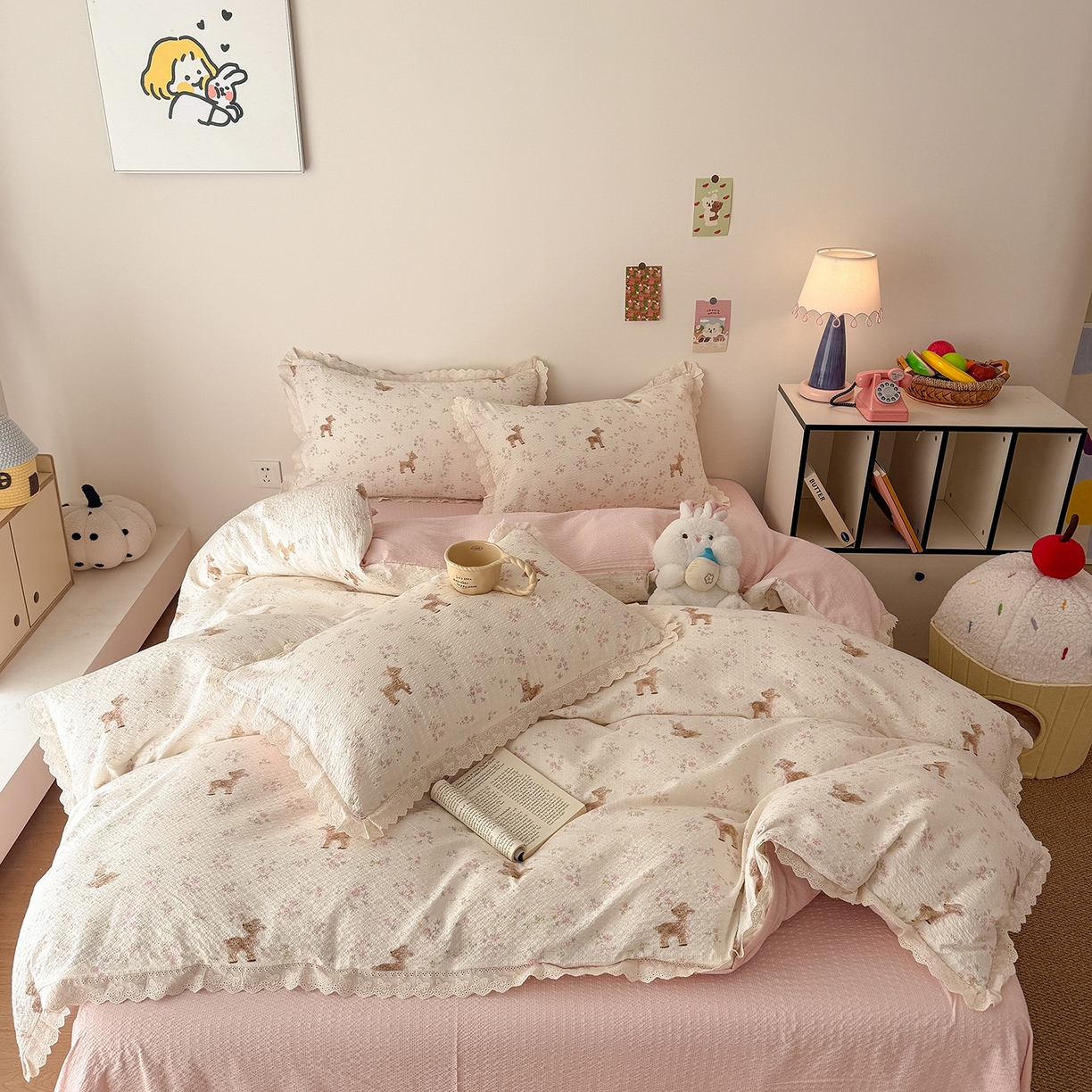 91家纺网 家纺一手货源 找家纺 吾欢心 2026春夏新款韩版纯棉花边泡芙双层纱四件套 遇见花开