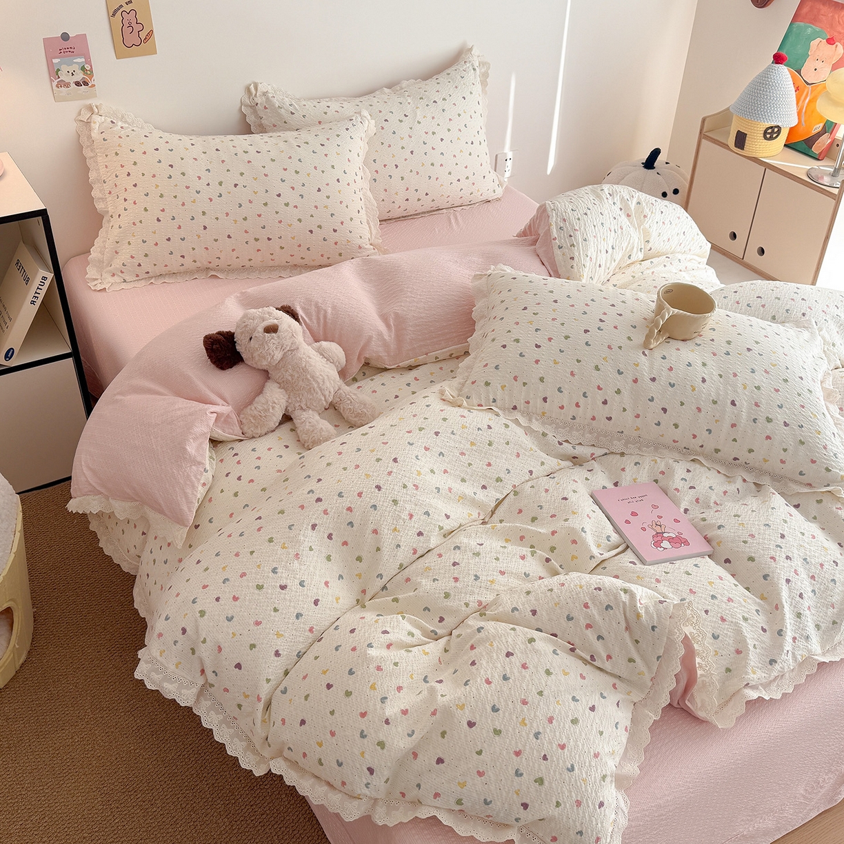 91家纺网 家纺一手货源 找家纺 吾欢心 2026春夏新款韩版纯棉花边泡芙双层纱四件套 彩色爱心