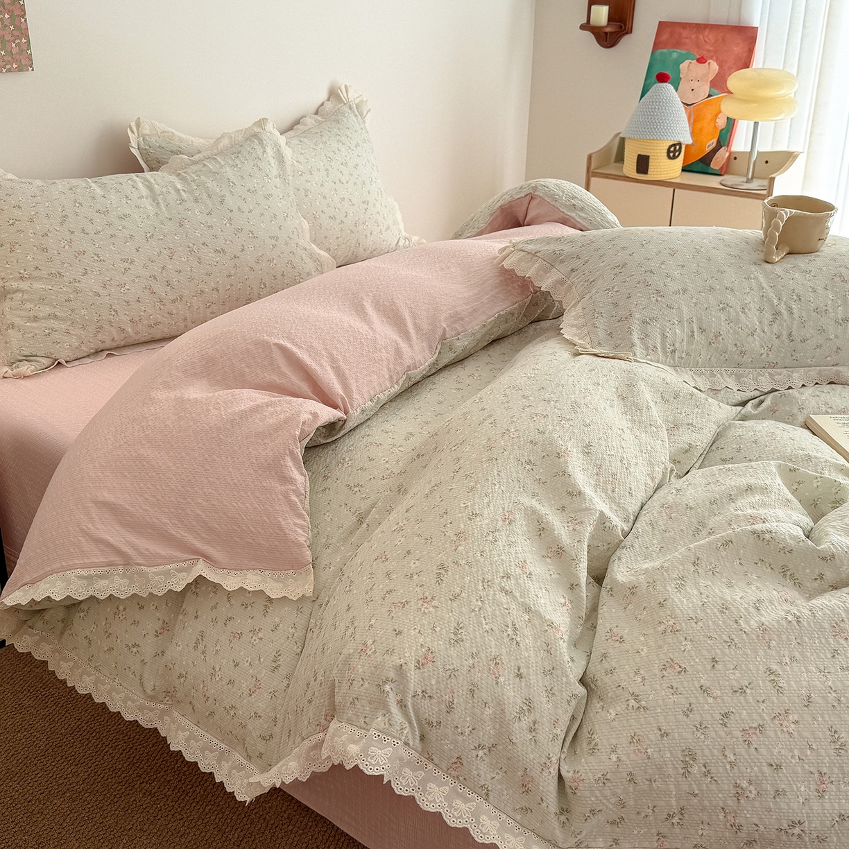 91家纺网 家纺一手货源 找家纺 吾欢心 2026春夏新款韩版纯棉花边泡芙双层纱四件套 茱莉叶