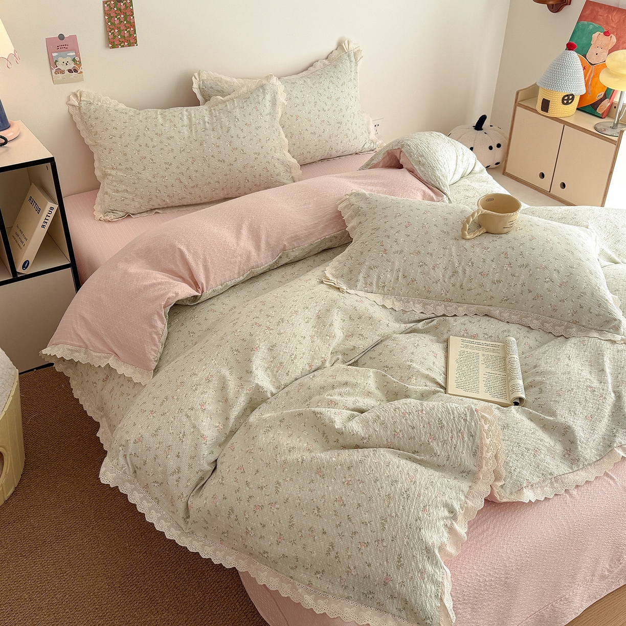 91家纺网 家纺一手货源 找家纺 吾欢心 2026春夏新款韩版纯棉花边泡芙双层纱四件套 茱莉叶