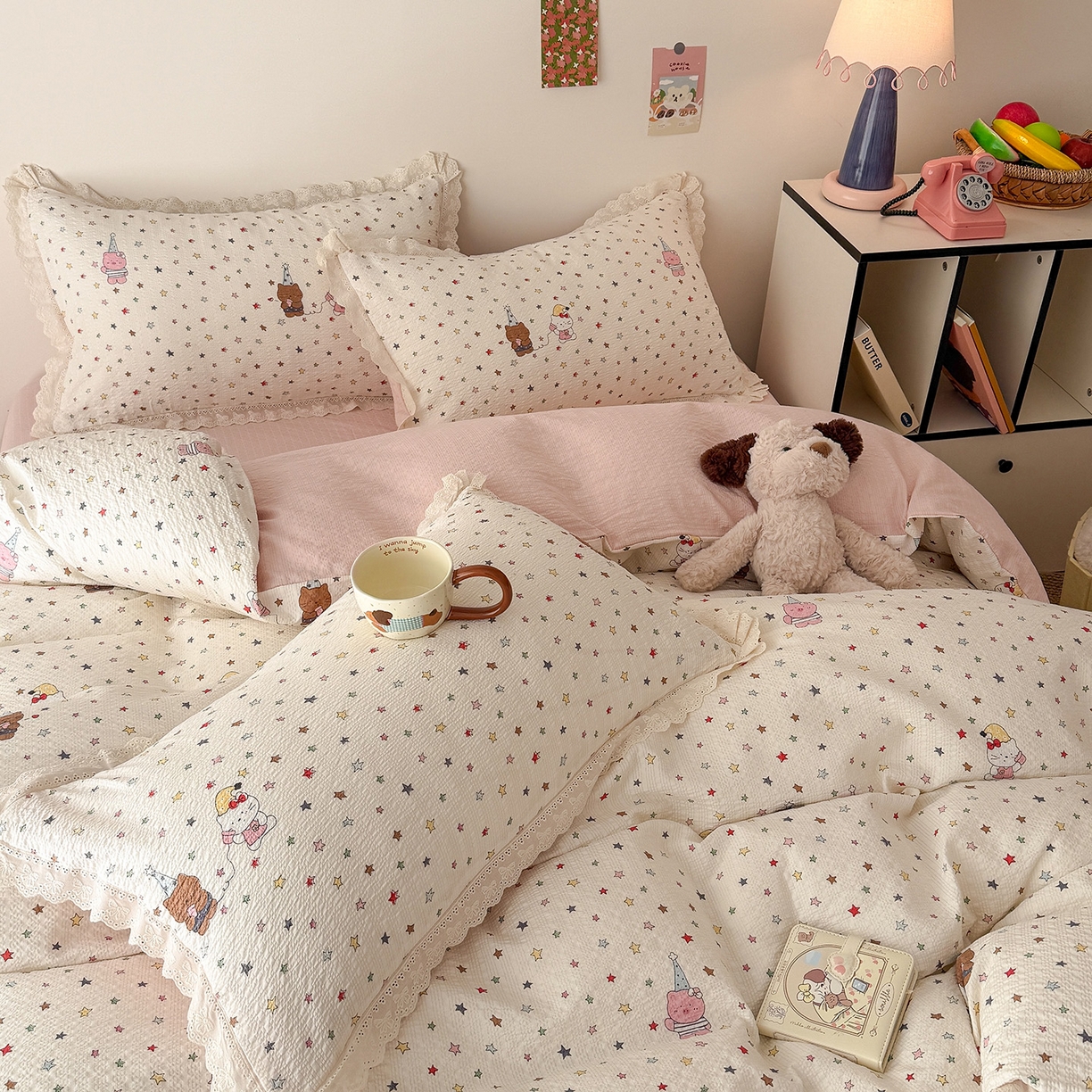 91家纺网 家纺一手货源 找家纺 吾欢心 2026春夏新款韩版纯棉花边泡芙双层纱四件套 喵星人