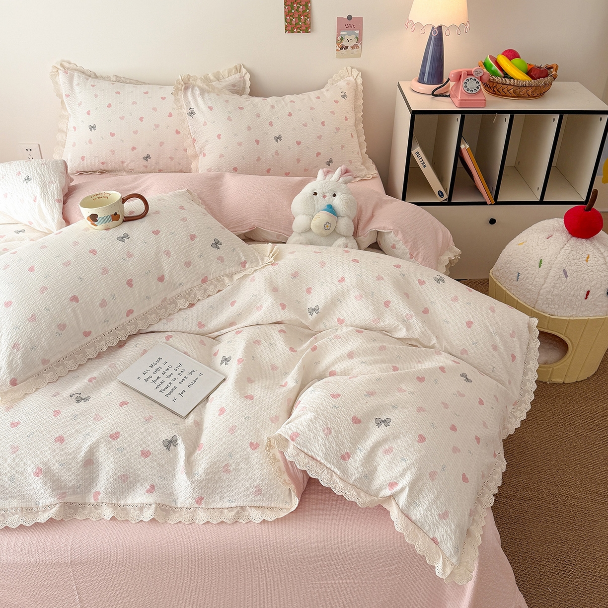 91家纺网 家纺一手货源 找家纺 吾欢心 2026春夏新款韩版纯棉花边泡芙双层纱四件套 粉粉甜心