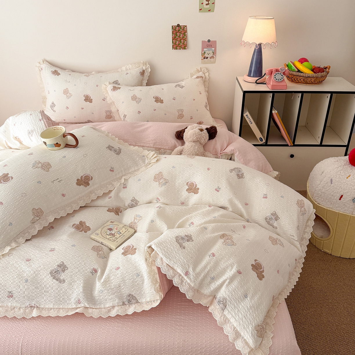 91家纺网 家纺一手货源 找家纺 吾欢心 2026春夏新款韩版纯棉花边泡芙双层纱四件套 萌宠宝贝