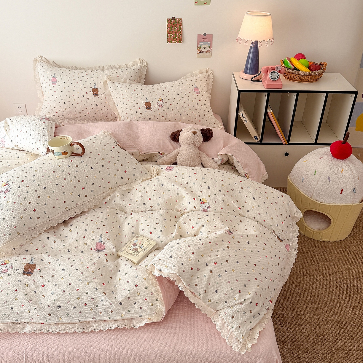 91家纺网 家纺一手货源 找家纺 吾欢心 2026春夏新款韩版纯棉花边泡芙双层纱四件套 喵星人