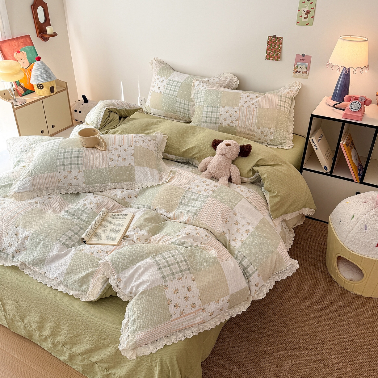 91家纺网 家纺一手货源 找家纺 吾欢心 2026春夏新款韩版纯棉花边泡芙双层纱四件套 春野