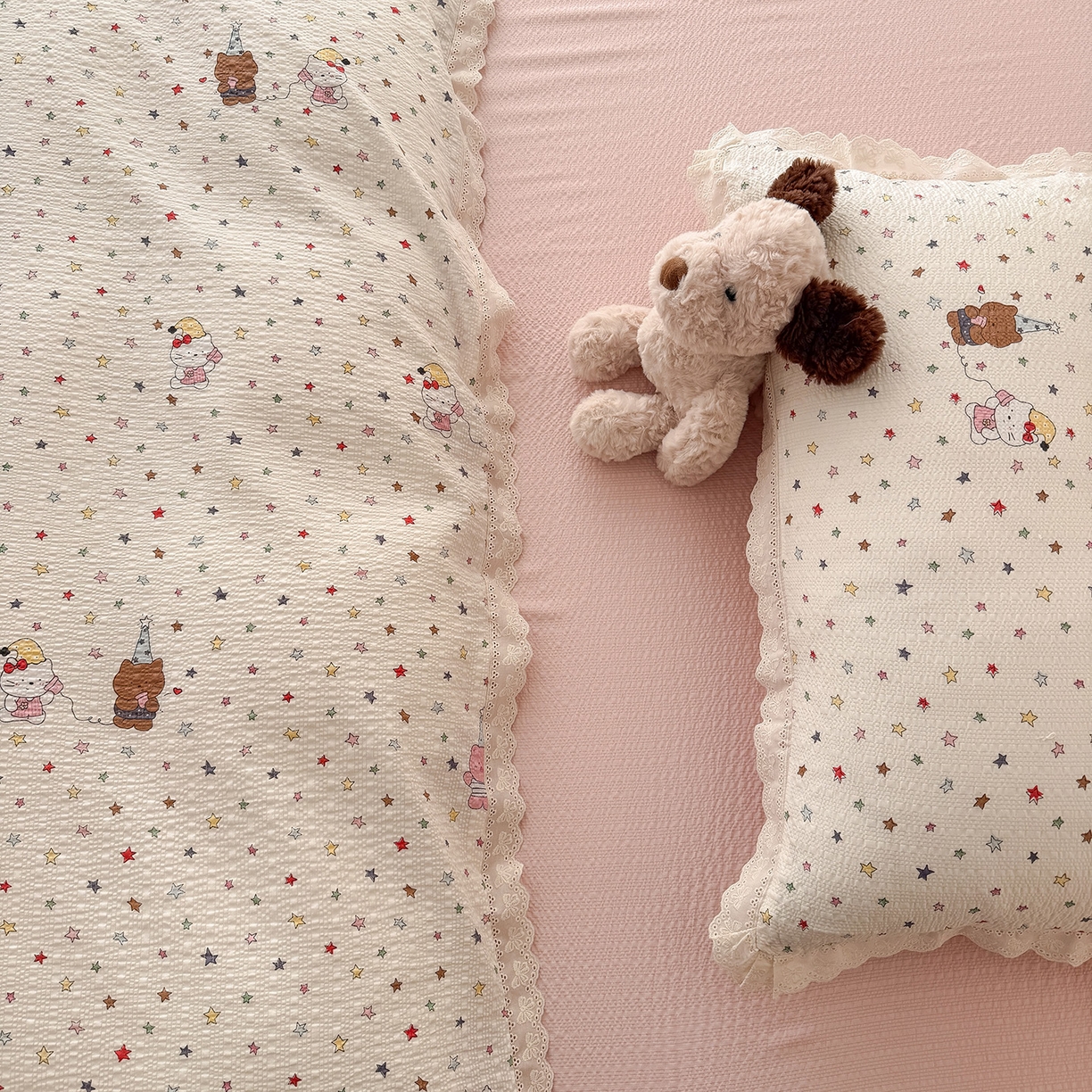 91家纺网 家纺一手货源 找家纺 吾欢心 2026春夏新款韩版纯棉花边泡芙双层纱四件套 喵星人