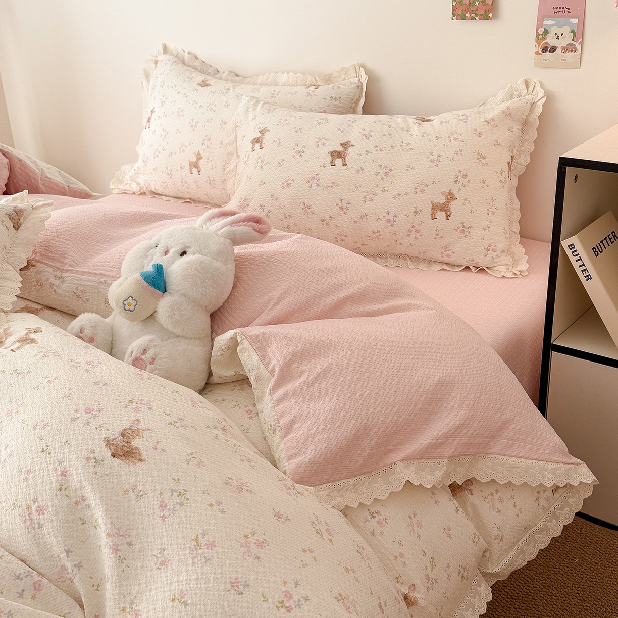 91家纺网 家纺一手货源 找家纺 吾欢心 2026春夏新款韩版纯棉花边泡芙双层纱四件套 遇见花开