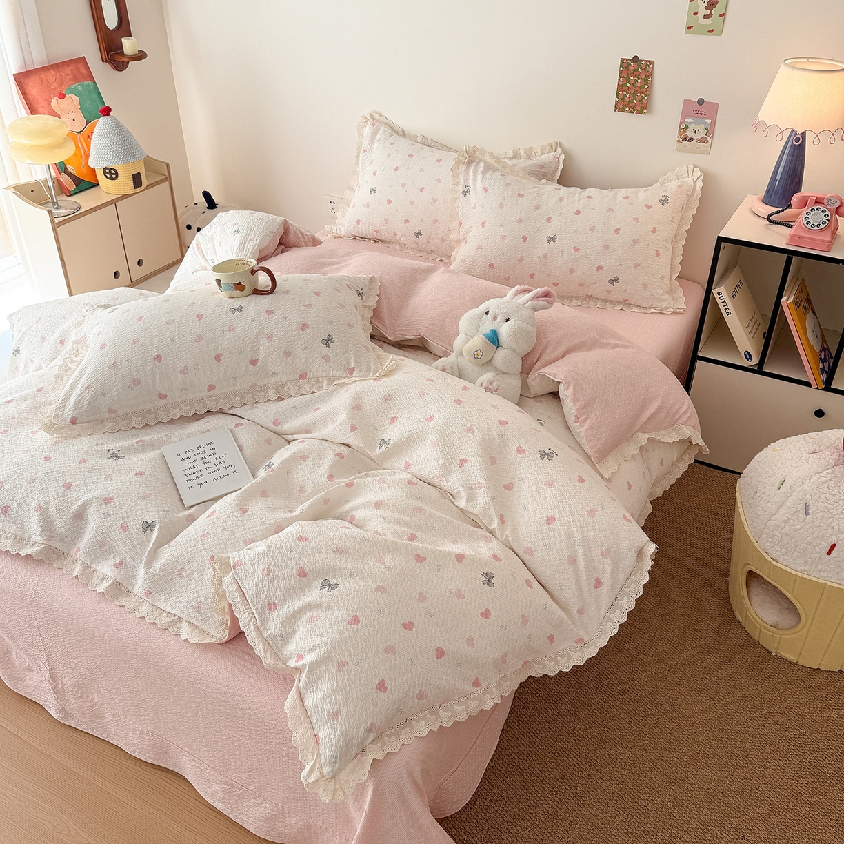 91家纺网 家纺一手货源 找家纺 吾欢心 2026春夏新款韩版纯棉花边泡芙双层纱四件套 粉粉甜心