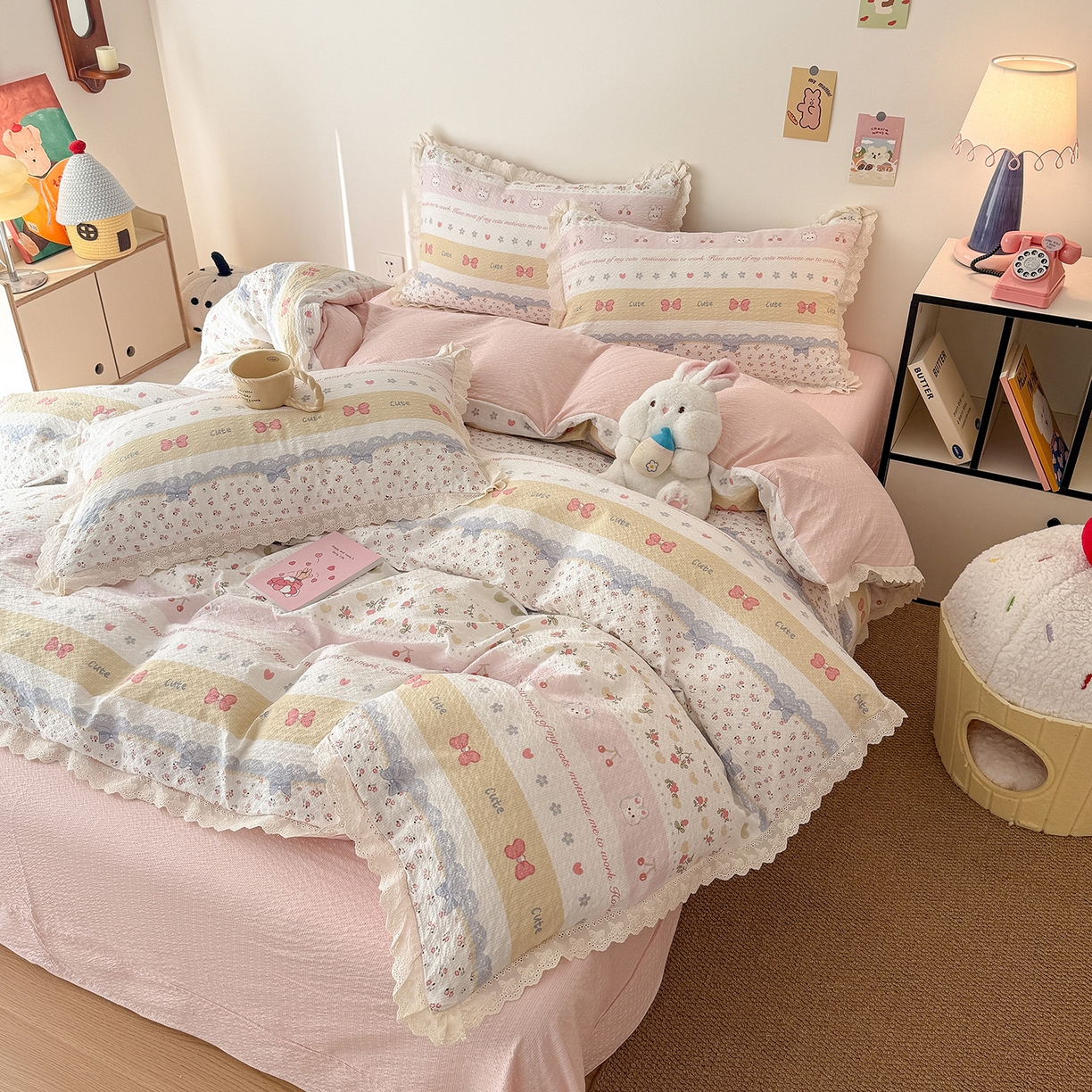 91家纺网 家纺一手货源 找家纺 吾欢心 2026春夏新款韩版纯棉花边泡芙双层纱四件套 费尔岛小兔