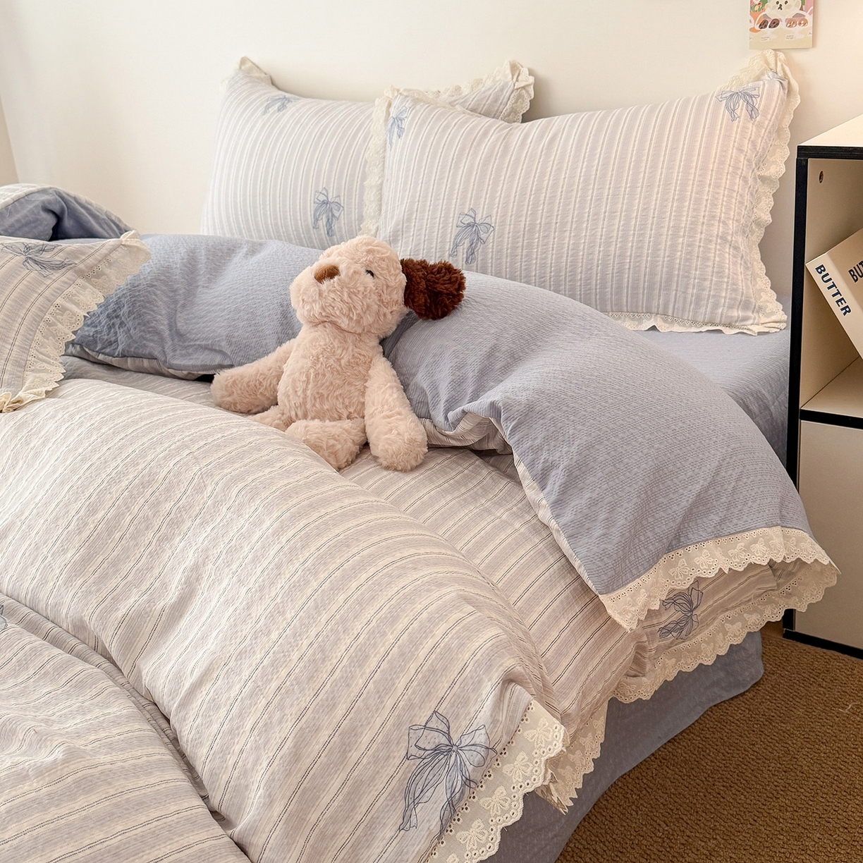 91家纺网 家纺一手货源 找家纺 吾欢心 2026春夏新款韩版纯棉花边泡芙双层纱四件套 甜美蝴蝶结