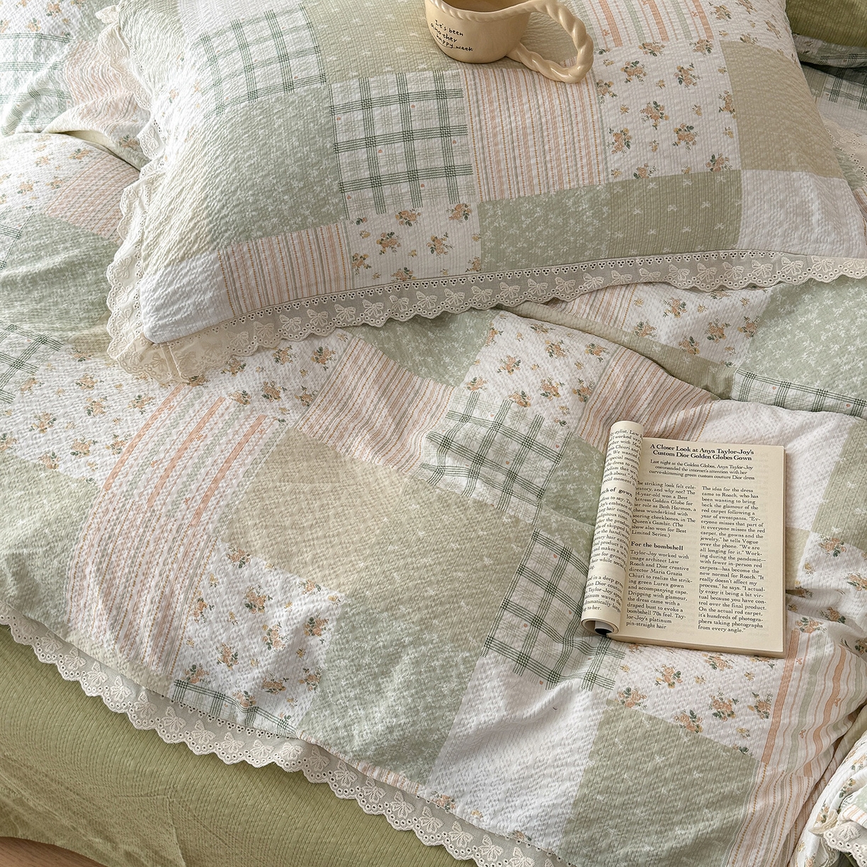 91家纺网 家纺一手货源 找家纺 吾欢心 2026春夏新款韩版纯棉花边泡芙双层纱四件套 春野